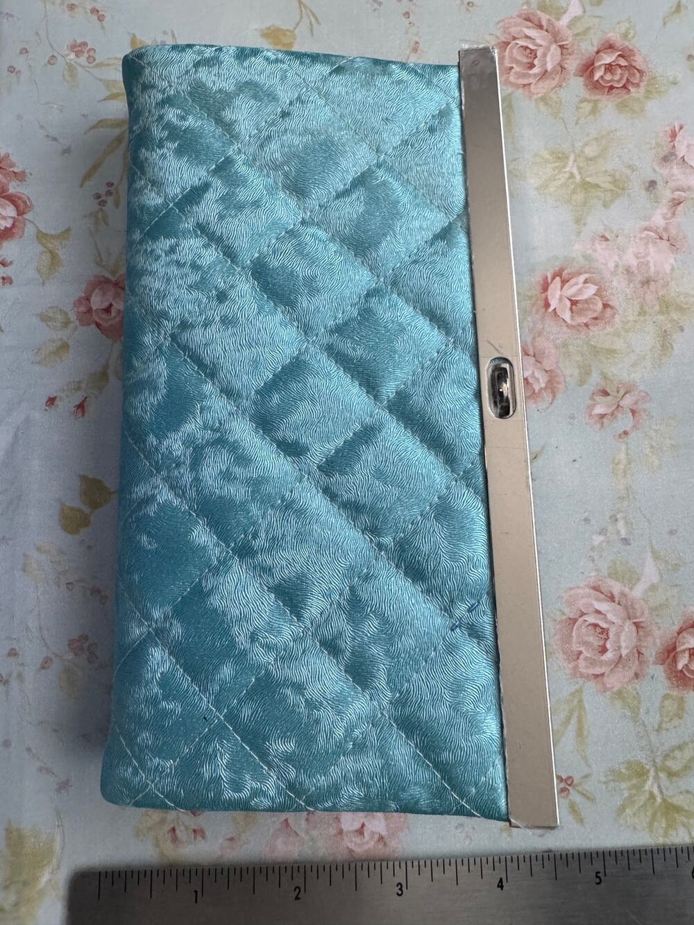 New Handmade Teal Quilted Satin Clutch Purse Silver Frame Evening Bag / Wallet